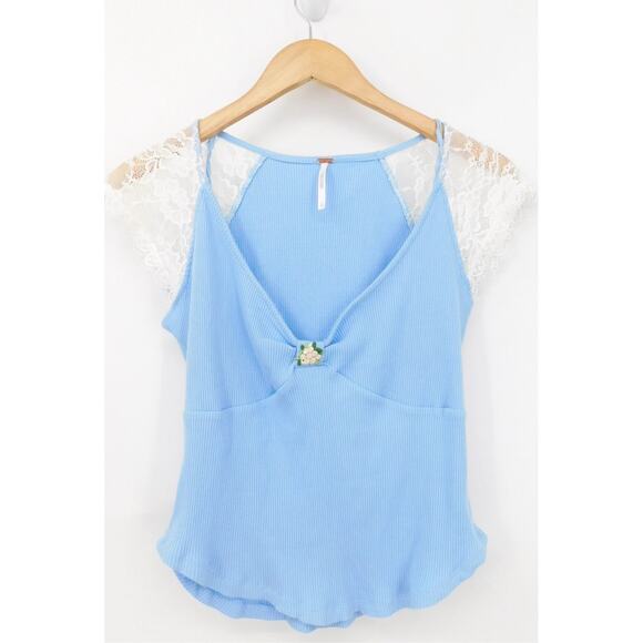 NWT Free People Women's Blue Let's Talk Baby Tee Top Size Large Coquette - Picture 3 of 8